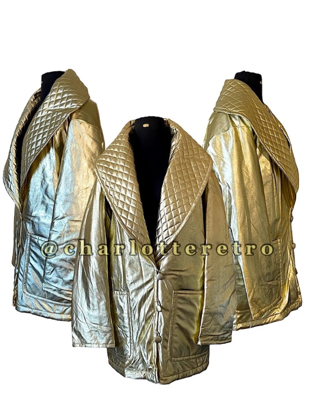 90s vtg Gold Metallic Jacket w Dramatic Quilted  Collar